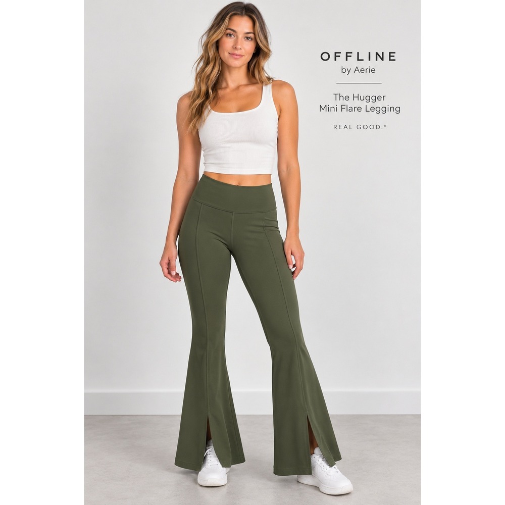 OFFLINE by Aerie The Hugger Mini Flare Leggings Olive Green‎ High Rise Large NWT